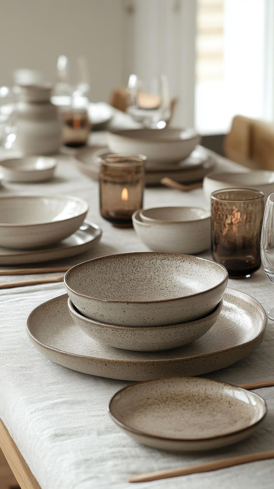Stół z kilkoma prostymi potrawami na ceramicznych talerzach